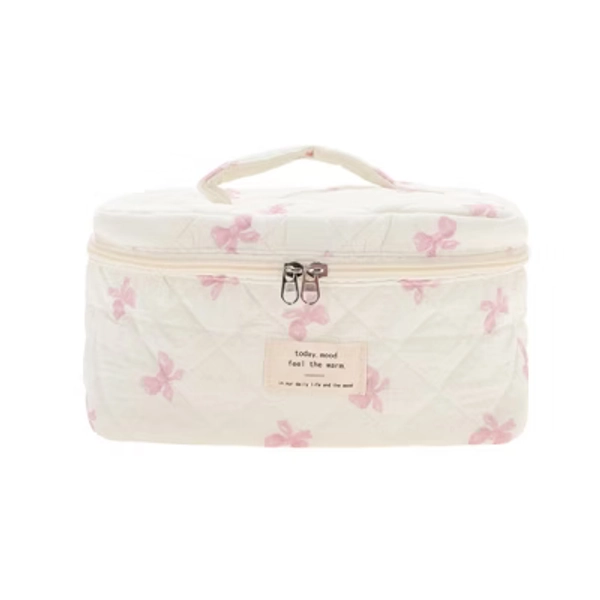 Unique Bargains Bow Handheld Quilting Makeup Bag White Pink 1 Pc