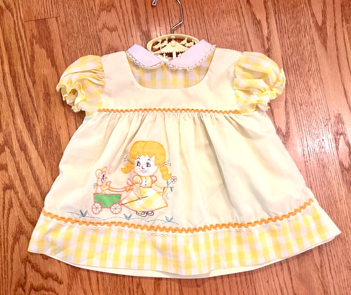 Vintage appliqued baby dress, Cradle Togs, 12 months, faux pinafore