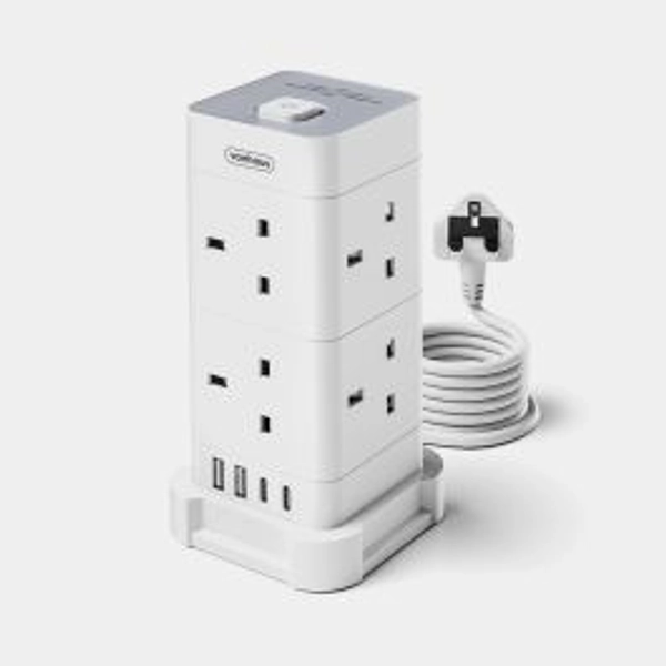 Tower Extension Lead with USB, Power Surge Protection 2M Cable White
