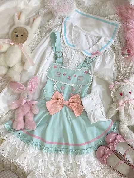 [£26.40]Soft Mint Green Adorable Cat Embroidered Overall Dress / White Sailor Collar Blouse