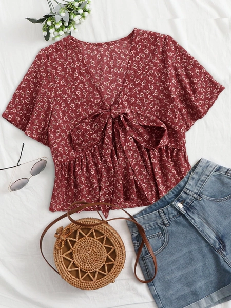 SHEIN LUNE Ditsy Floral Tie Front Peplum Blouse For New Year Clothes Peplum Top