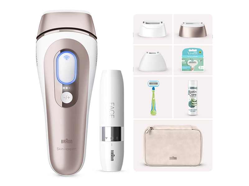 Braun Kit : Smart IPL Skin i·expert PL7249 + Kit de Rasage Avec application gratuite et 7 accessoires : 3 têtes, mini rasoir visage, rasoir Gillette Venus, 3 lames de rechange, gel à raser 200ml, pochette souple