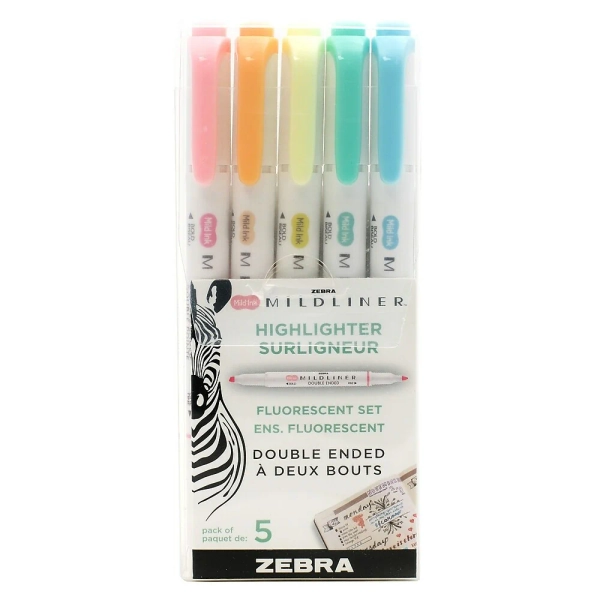 Zebra Mildliner Double Ended Pen-Style Highlighters - Assorted Fluorescent Colours - 5 Pack
