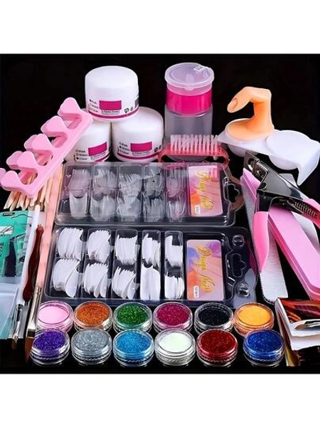 23-In-1 Acrylic Nail Kit For Beginners - 12 Colors Including Pink, White, Clear & Pink Glitter Acrylics With Nail Extension Tools - Acrylic Set Includes Nail Powder & Brush, Manicure Tools, No Battery Needed, Nail Art Supplies For Women