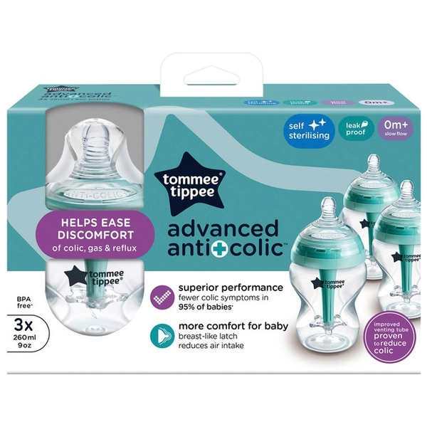 Tommee Tippee Advanced Anti-Colic Self-Sterilising Baby Bottles 260ml Slow-Flow 3 Pack