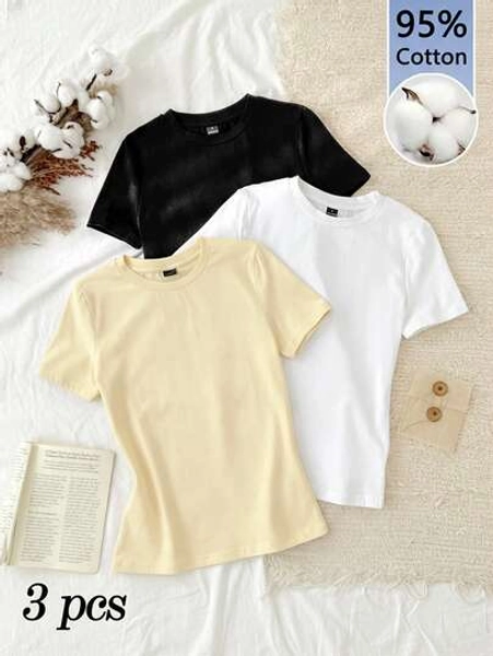 Tseoso 3pcs/Set Women Casual Minimalist 95% Cotton Round Neck Slim Fit Long Sleeve T-Shirt Set,Summer Top - Size XL