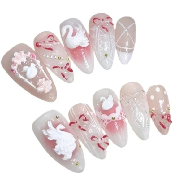 Handmade Almond 3D Flower Pinky False Nails