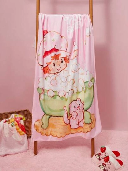 Strawberry Shortcake X SHEIN Cartoon Strawberry Figure & Cat Print Pink Bath Towel, For Home Bathroom Summer