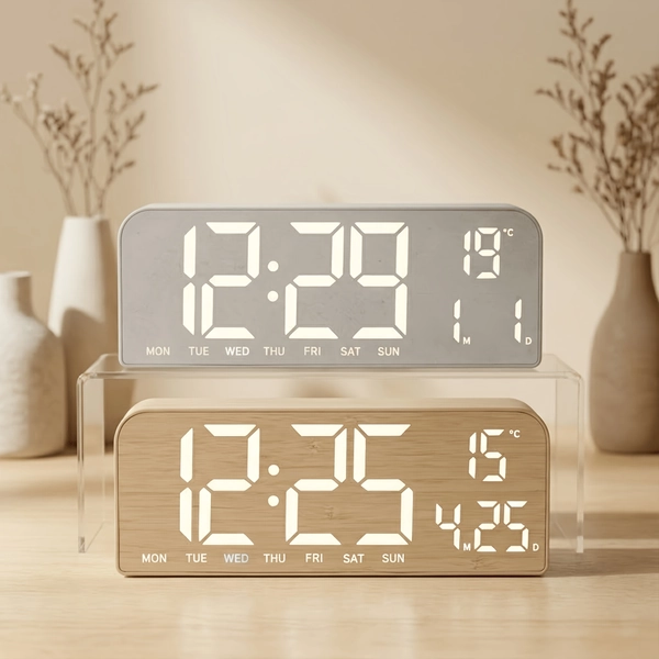 Large Screen LED Alarm Clock with Week, Date, Temperature, Humidity & Timer Display, Modern Luminous Digital Clock for Bedroom, Living Room & Office, Faux Wood Grain Finish, Faux Linen Finish, Stylish Desk Clock Gift for Home Decor