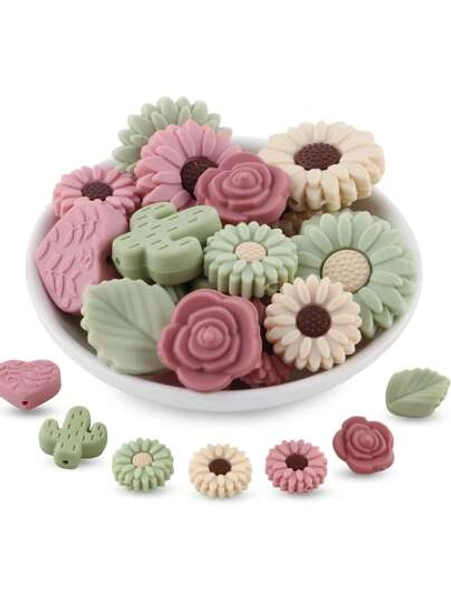 15pcs Of Various Plant Silicone Bead Combinations, Including Sunflowers, Leaves, Cacti, Roses, Etc., Used For DIY Handmade Decoration, Bag Pendants, Etc