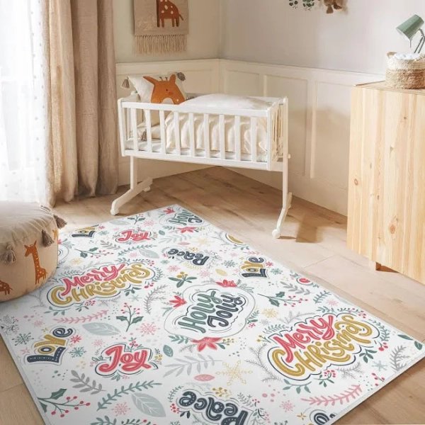 Colorful Merry Christmas Rug, Nursery Holiday Carpet, Joy Peace Love Design Cheerful Winter Kids Mat