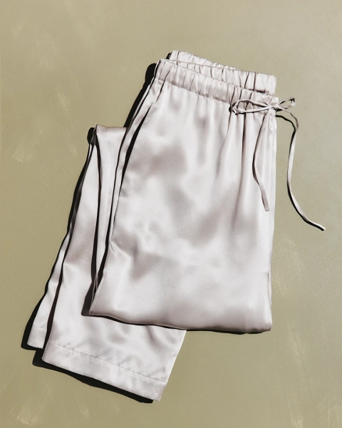 100% Washable Silk Drawstring Wide Leg Pants in Navy