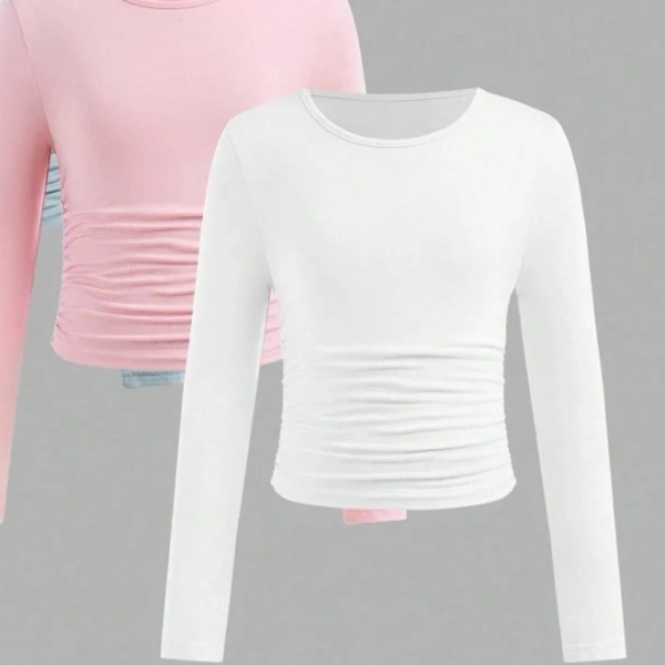 SHEIN 3pcs/Set Tween Girls' Fitted Casual Solid Color Round Neck Ruched Long Sleeve T-Shirt
