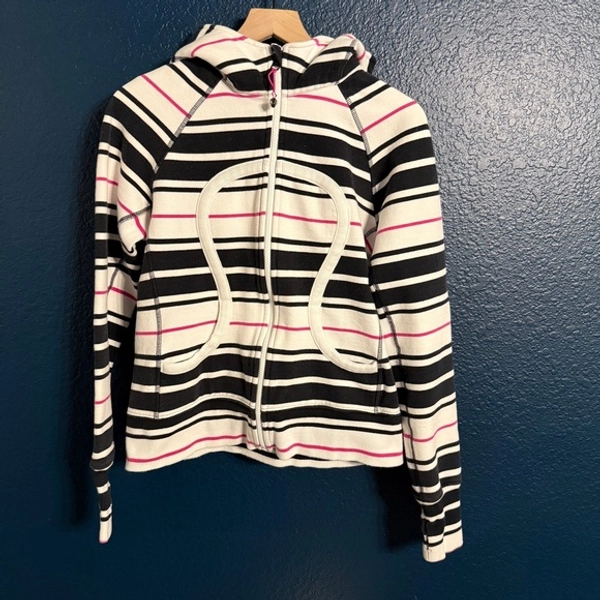Women’s Lululemon White with Pink &amp; Black Stripes Scuba Hoodie.
