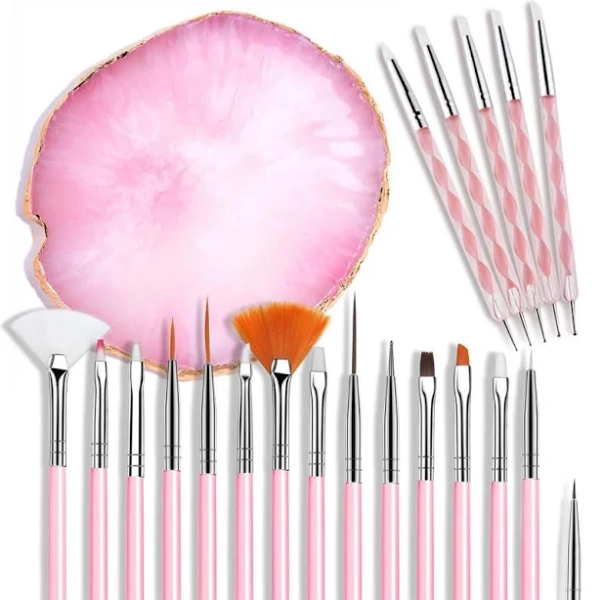 Nail Art Brushes & Tools Set 21 Pcs Pink Resin Palette Acrylic Silicone Carving Dotting Pen Manicure Kit for DIY Nails Cutics Default