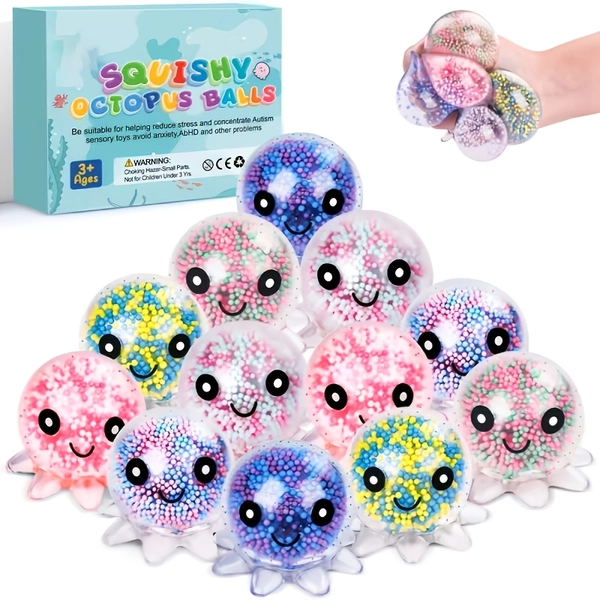 3 Cute Octopus Soft Stress Balls - Colorful Bead-filled Toys for Children and That Help with Restlessness. Ideal for Christmas, Halloween, Thanksgiving Gifts, or as Toys. | Colorful Soft Balls | Transparent Balls, Random Colors
