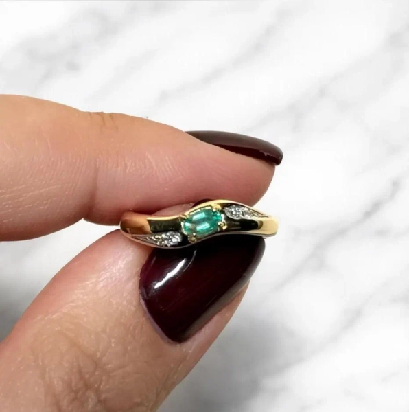 Emerald and Diamond Band Ring, 10k and 14k  Solid Yellow Gold, Vintage Inspo- Gift for Her