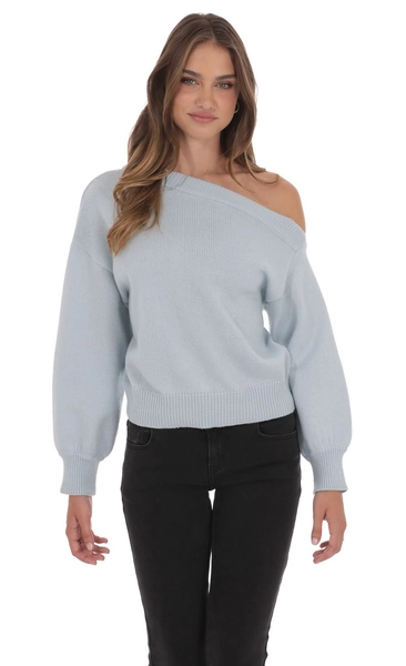 Off Shoulder Knitted Jumper in Light Blue | LUCY IN THE SKY
