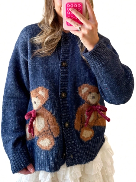 Women Y2k Cropped Sweater Cardigan Bow Bear Print Long Sleeve Round Neck Button Down Open Front Knitwear Casual Coats Fall Winter Outerwear Clothes