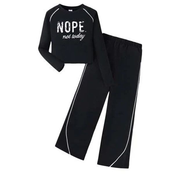 Yaoqi 9 Years Big Girl Outfit Set 10 Years Child Winter Clothes Long Sleeves Letter Print Top Wide Leg Pants 2pcs Causal Clothing Black, Girl's, Size: