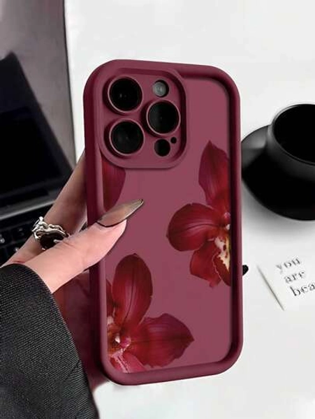 1pc Minimalist Red Floral Pattern Shockproof TPU Phone Case Compatible With Apple 17Pro Max/17 Air/16Pro Max/15Plus/14/13/12/11/8P/XSMAX And Galaxy S24 Ultra/S23FE/S22/S21/S20/A52S/A15/A03