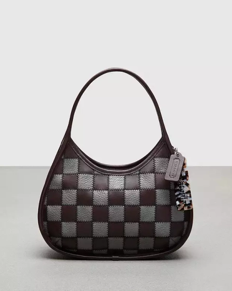 Oxblood/Heather Grey Ergo Bag In Checkerboard Upcrafted Leather With Zig Zag Stitch