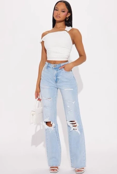 Fashion Nova Women's Posted Stretch Ripped Straight Leg Jeans