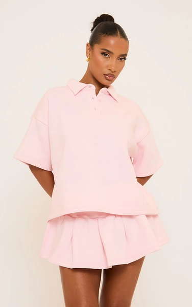 Short Sleeve Polo Collar Detail Oversized Sweatshirt In Pink
