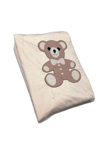 Vintage 60s Peach Pink Blanket Quilt Cover Retro Teddy Bear Throw Rare Handmade