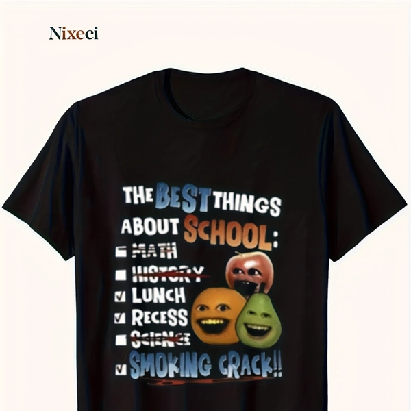 Satirical "The Best Thing in School" Meme T-Shirt - with Humorous And Annoying Orange Fruit Characters And "Smoking Cracks" Laughing Points on The Edge of The Humorous List T-Shirt - High-Quality Black Round Neck Short-Sleeved Top, Super Soft And
