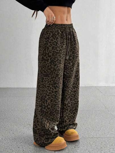 Flirla Women's Leopard Print Casual Wide Leg Loose Slimming Pants Fall Cloth For Women