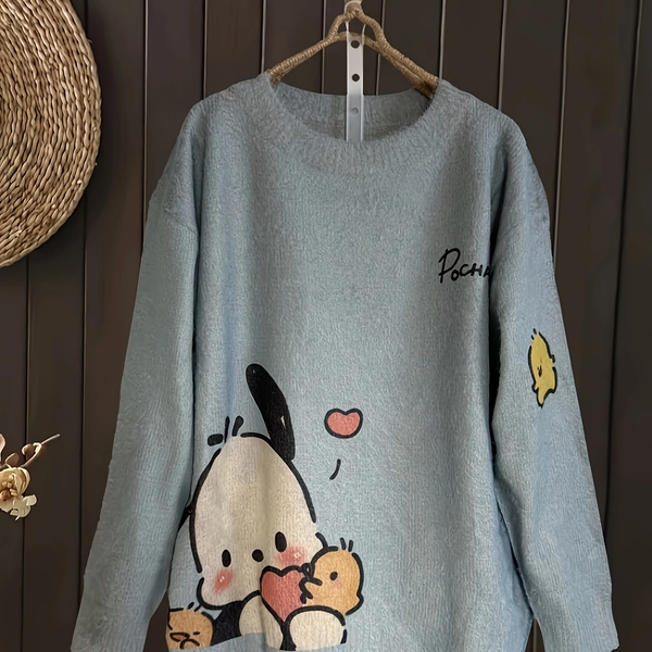 Plus Size - Plus-Size Women'S Elegant Loose Long Plush Sweater Featuring Cat And Floral Patterns, Long-Sleeved Round-Neck Pullover, Machine Washable for All Seasons, Cute Sweater Made from Durable Fabric.