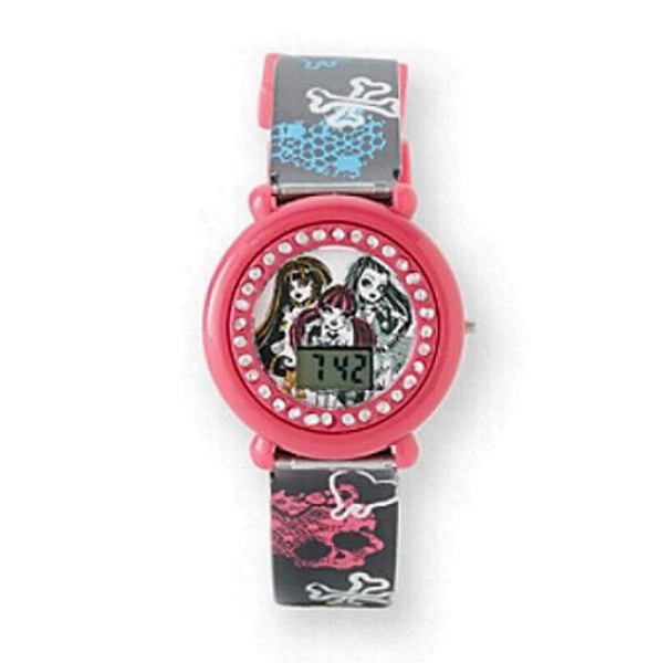 MONSTER HIGH FREAKY FABULOUS LCD WATCH with Stones Pink Crossbones