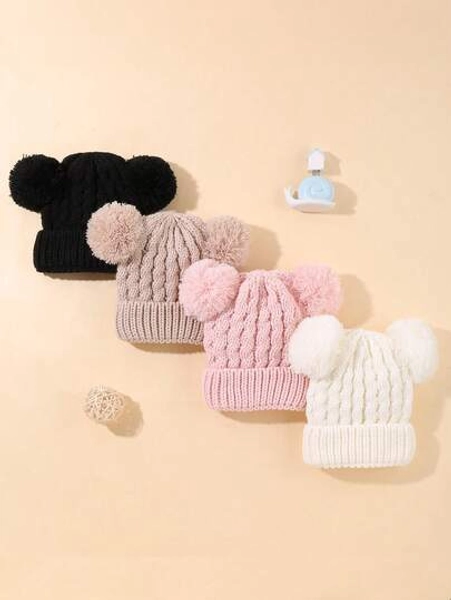 Baby Double Pom Pom Knitted Hat For Children; Suitable For Boys And Girls Autumn And Winter Daily Casual Wear. Baby Knitted Hat 1pc