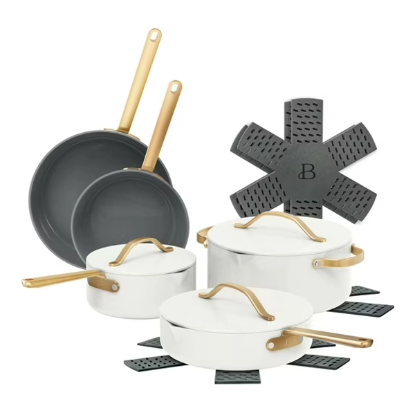 Beautiful 12pc Ceramic Non-Stick Cookware Set with Strainer Lids, White Icing by Drew Barrymore