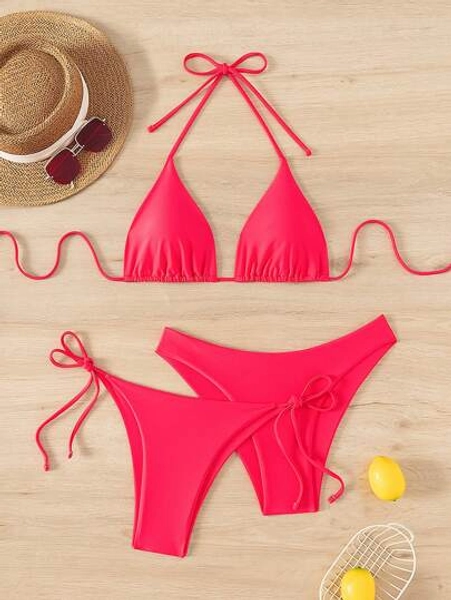 Swim Basics 2025 Summer Beach 3pcs/Set Women Solid Color Halter Backless Tied Crop Top + Knotted Tri-Strap Triangle Bikini Bottom