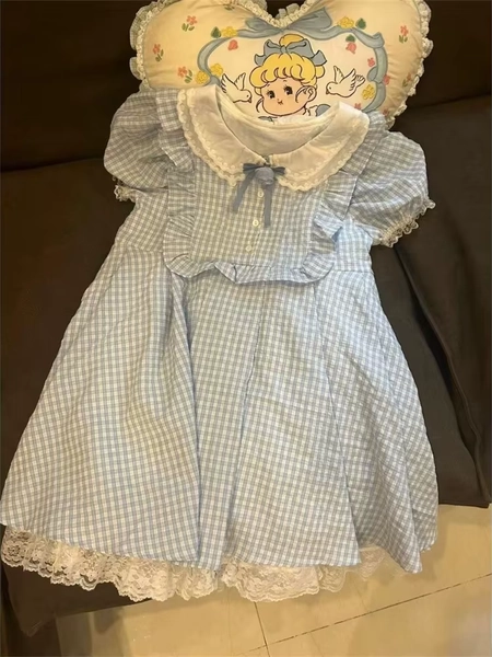 Blue Plaid Kawaii Doll Collar Shirt Dress Japanese Lace Bow Puff Sleeves Sweet Dresses High Waist A-Line Petite Girls Outfits - AliExpress 200000345