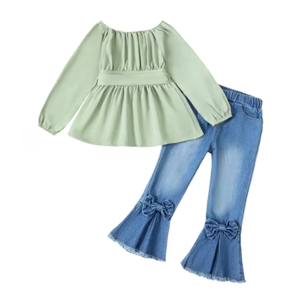 6T Kids Girls Outfits Little Girls Fall Winter Clothes 6-7 Years Girls Long Sleeve Solid Color Top Jeans Bell-bottomed Pants 2PCS Set Green