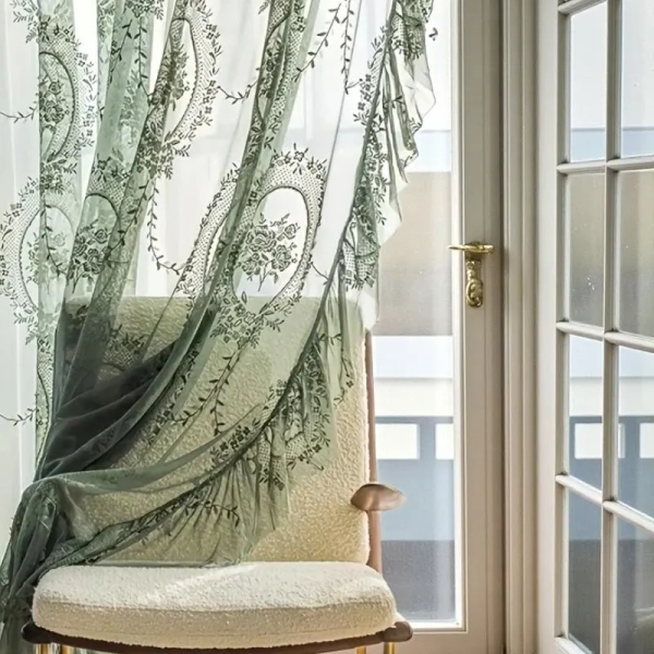 Vintage Green Floral Embroidered Sheer Curtain, Romantic Lace Ruffle Voile Drapes for Bedroom Kitchen Window Decor