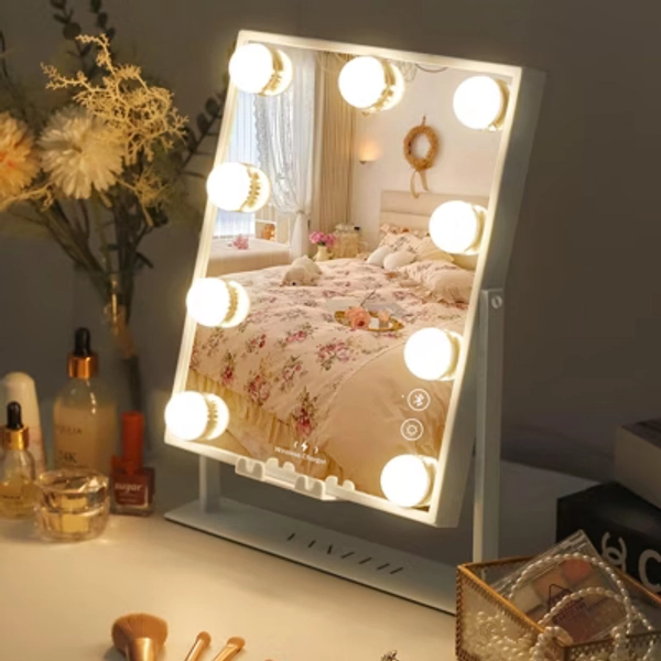 VANITII  Vanity Makeup Mirror with Lights Wireless Charging Bluetooth Speaker 10''x19'' Tabletop Metal White