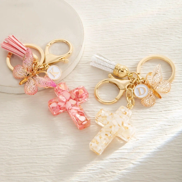 Personalized Gradient Butterfly Cross Charm Keychain with Initial and Tassel Prayer Religious Birthday Gift for Women Christian - CALLIE
