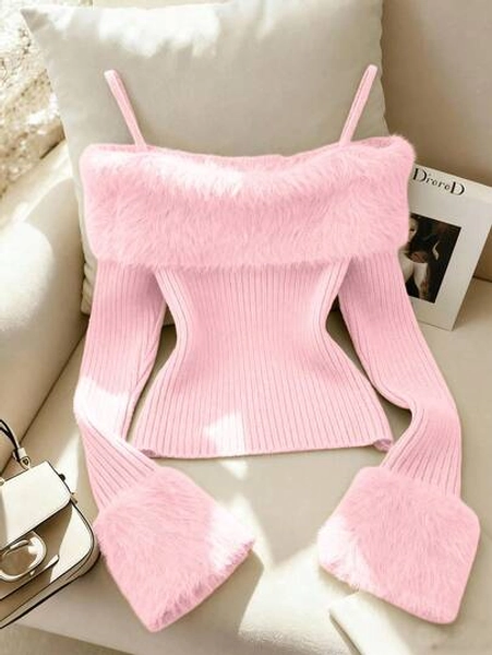 Franclia New Vintage Sexy Chic High-End Furry Collar Off Shoulder Women Sweater Pullover, Autumn/Winter