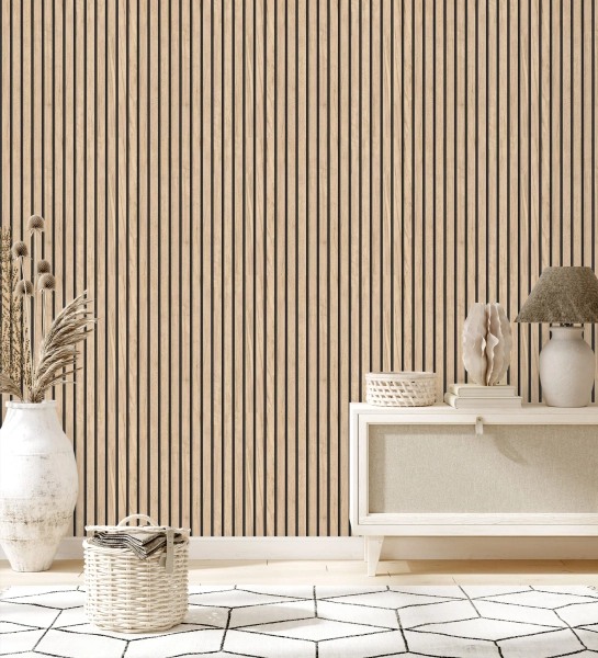 Papel de parede de ripas de madeira natural imitando um painel de ripado decorativo - Oak Orbit 682815 da GAULAN - Rolo de 10 m x 0,53 m