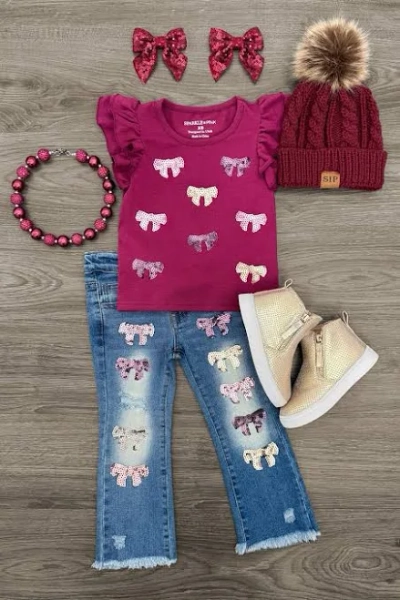 Sparkle Sequin Bow Denim Pant Set