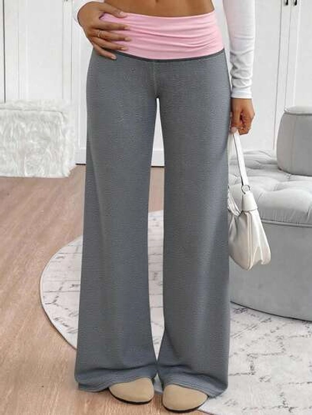 Tween Girls' Casual Contrast Foldover Waist Wide Leg Sweatpants, Spring/Summer Back To School Season