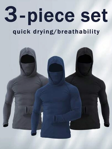 3-Pack Men's Fitness Hooded Shirts. Long-Sleeved Shirts Are Quick-Drying, Lightweight And Breathable, Suitable For Running, Hiking, Gyms, And Fishing.