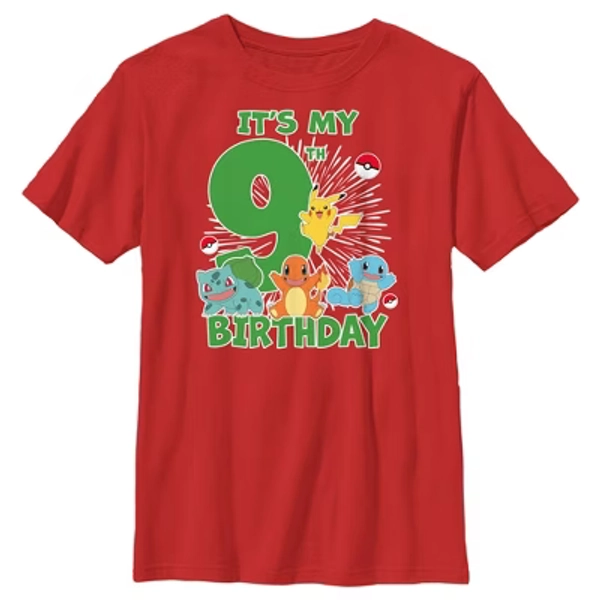 Boy's Pokemon It's My 9th Birthday Starters  T-Shirt - Red - Large