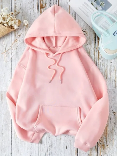 INAWLY Pink Kangaroo Pocket Hoodie Women's Sweatshirts Oversized Pullover Drawstring Thermal Lined Drop Shoulder Regular Fit Long Sleeve Casual Fall