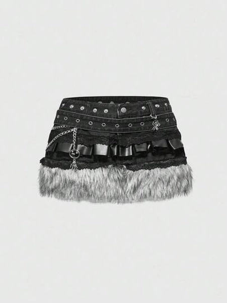 ROMWE Grunge Punk Y2K Vintage Patchwork Furry PU Metal Spider Skull Pendant Super Short Denim Mini Skirt - Size L