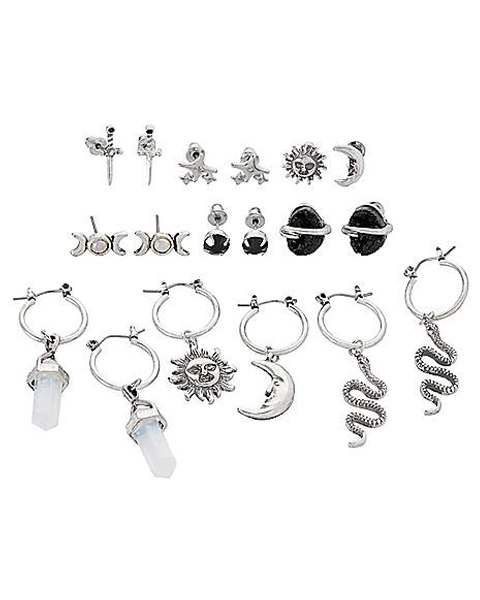 Multi-Pack Crystal Sun Snake Cross Earrings - 9 Pair